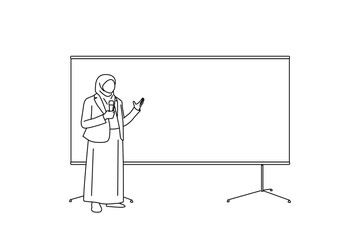 Illustration of beautiful hijab female worker in a formal outfit holding a microphone talking and giving a lecture standing beside whiteboard. One line art