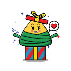 Cute cartoon chinese rice dumpling character coming out from big gift box look so happy 