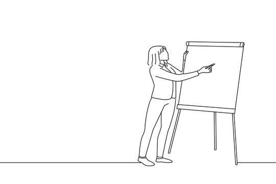 Cartoon of distance training, online lecture. female teacher conducts online lesson for students via video conference. One line art