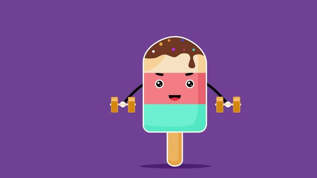 Three flavored popsicle doing dumbbell curls