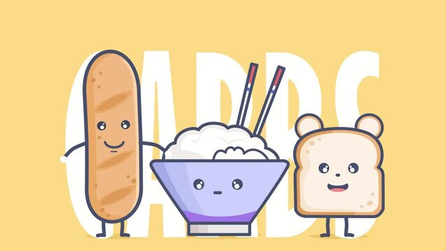 Foods with carbohydrate, bread, rice, bread, with the word carbs on the back