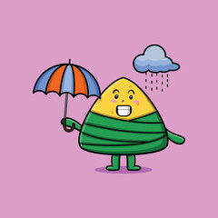 Cute cartoon chinese rice dumpling character in the rain and using an umbrella in flat modern style