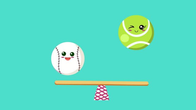 A baseball and a tennis ball on the seesaw