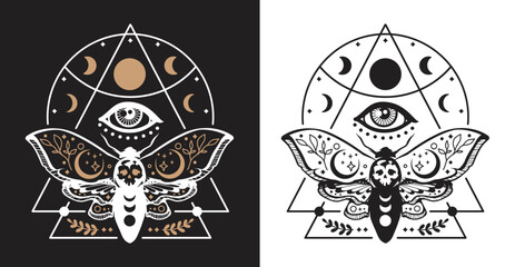 Celestial lunar death moth with third eyes vector illustration. Mystical moon moth with moon phases. Boho magic insect on white and black background.