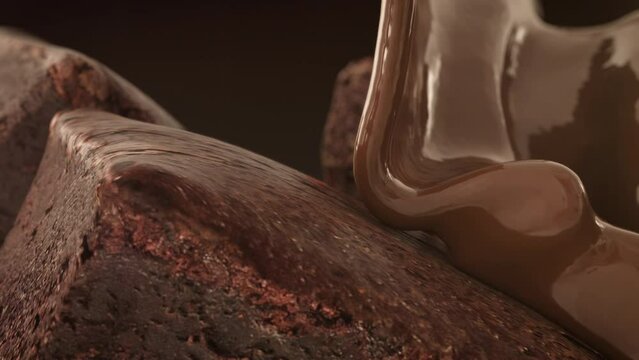 Extreme Closeup Slow motion Chocolate Liquid Pouring on top Brownie cake. 3D animation. 4K. Selective focus.