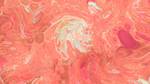 Flowing Abstract Design Background In Beautiful Coral And Pink Colors. Liquid Texture With Gold Glitter.