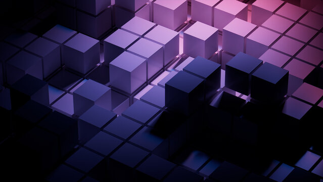 Pink and Blue, Glossy Cubes Perfectly Constructed to create a Futuristic Tech Background. 3D Render.