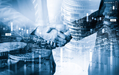 Business handshake on finance prosperity and money technology asset background . Economy and...