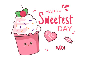Happy Sweetest Day on 21 October Sweet Holiday Event Hand Drawn Cartoon Flat Illustration with Cupcakes and Candy in a Pink Background