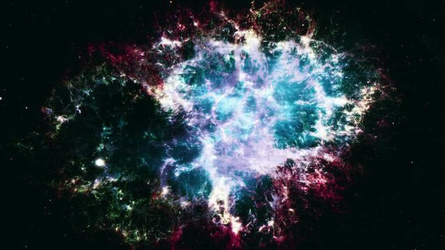 Crab nebula NGC 1952 space nebula travel exploration on deep space. Flight Into the Crab Nebula Pulsar supernova galaxy animation. Traveling through star fields and galaxies space