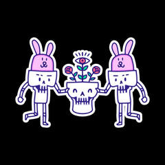 Cute skull and rabbit character holding skeleton head with flowers , illustration for t-shirt, sticker, or apparel merchandise. With doodle, retro, and cartoon style.
