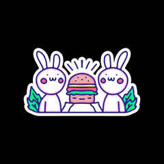 Kawaii rabbit character with cheeseburger, illustration for t-shirt, sticker, or apparel merchandise. With doodle art.
