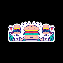 Funny burger man character, illustration for t-shirt, sticker, or apparel merchandise. With doodle, retro, and cartoon style.
