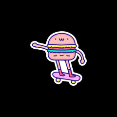 Cute burger character riding skateboard, illustration for t-shirt, sticker, or apparel merchandise. With doodle art.