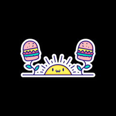 Obraz premium Funny burger flowers and sun, illustration for t-shirt, sticker, or apparel merchandise. With doodle, retro, and cartoon style.