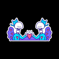 Cute skulls character with cat showing love symbol, illustration for t-shirt, sticker, or apparel merchandise. With doodle, retro, and cartoon style.