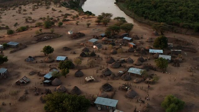 Aerial Panoramic View Of Karo Tribe Village Near Omo Riverbanks In South Ethiopia.
