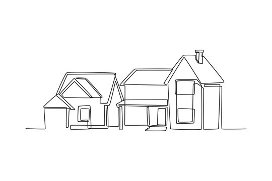 Single one line drawing Residential buildings on suburban. Home architecture property concept. Continuous line draw design graphic vector illustration.