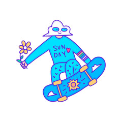 Cool cloud character holding sunflower and freestyle with skateboard, illustration for t-shirt, sticker, or apparel merchandise. With modern pop art.