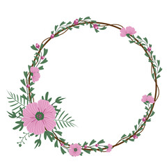 Round wreath with twigs with pink floral  .design graphic