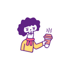 Cool skull with afro hair drink a cup of coffee, illustration for t-shirt, sticker, or apparel merchandise. With doodle, retro, and cartoon style.