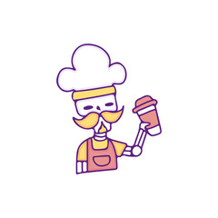 Cool skull chef drink a cup of coffee, illustration for t-shirt, sticker, or apparel merchandise. With doodle, retro, and cartoon style.