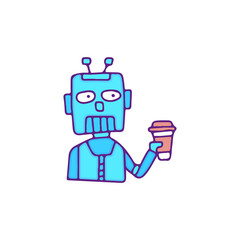 Cool robot character drink coffee, illustration for t-shirt, sticker, or apparel merchandise. With doodle, retro, and cartoon style.