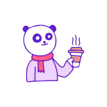 Cute panda character drink cup of coffee, illustration for t-shirt, sticker, or apparel merchandise. With doodle, retro, and cartoon style.
