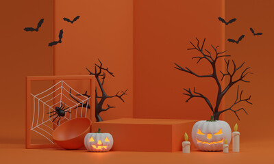 Podium and Stage for product and minimal abstract background for Halloween. Happy Halloween festival. 3d rendering