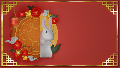 Happy Mid Autumn festival fullmoon background. Chinese red flower. concept of chinese festival celebration gong xi fa cai. 3D rendering illustration
