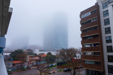 Montevideo cityscapes in the mist morning, in a shiny day, sunset and dusk in the winter. 