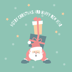 merry christmas and happy new year with cute santa claus and present gift in the winter season green background, flat vector illustration cartoon character costume design