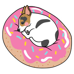 Cute Jack Russell Terrier dog sleeping on donut cartoon