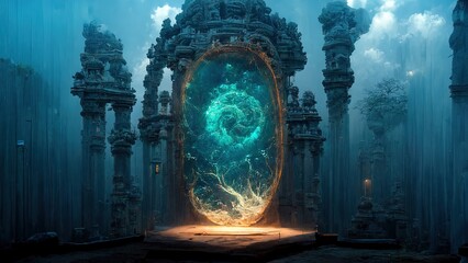A Mystery Door Connect Time and Space. The Gate of Multi Parallel Universes. Concept Art Scenery. Book Illustration. Video Game Scene. Serious Digital Painting. CG Artwork Background. - obrazy, fototapety, plakaty