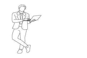 Cartoon of male agent broker holding in hands laptop working isolated over white background. Oneline art drawing style