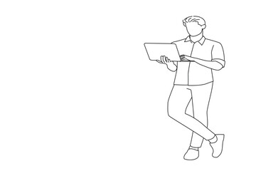 Illustration of serious male coworking manager standing confidently with legs crossed searching for news via internet connection isolated white background. One line art