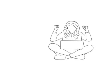 Drawing of ecstatic business woman sit floor legs crossed work remote win contract. Outline drawing style art