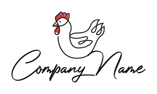 Red Color Line Art Animal Chicken Logo Design