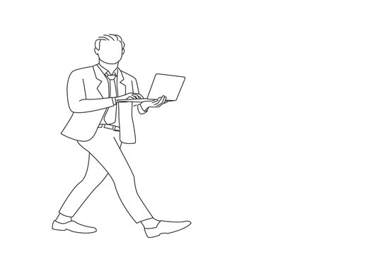 Drawing of young business man happy smile go walk type report chat laptop isolated over white background. Outline drawing style art