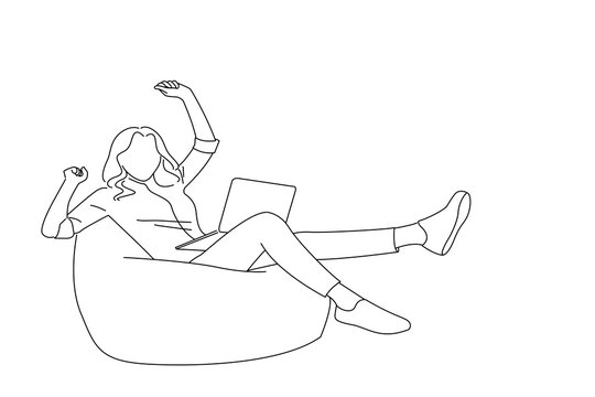 recommend clip art: Drawing of businesswomaan sitting on bag chair celebrating e commerce breakthrough. Line art style