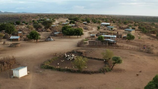 Karo Tribe Community With Animal Farming In Omo Valley, Ethiopia. Aerial Drone Shot

