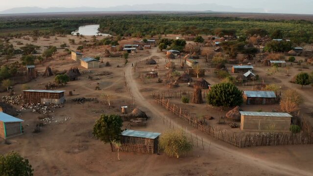 Aerial Panoramic Of Typical Settlements In Karo Tribe Near Omo Rivershore, Southern Ethiopia.