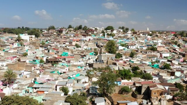 Dense Houses In The Old Town Of Harar In Ethiopia - aerial drone shot