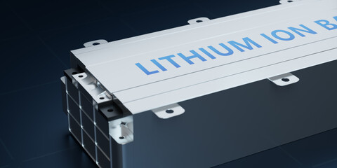 Electric vehicle lithium ion rechargeable battery module inside metal enclosure packed for car, new solid Li-Ion cell pack manufacturing for energy storage transportation industry 3D rendering