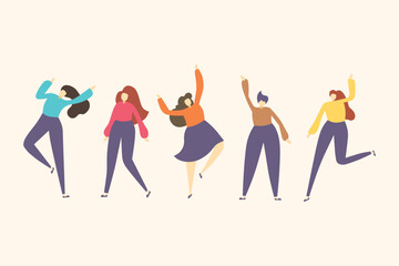 Group of young happy dancing female isolated.Colorful vector illustration in flat color.