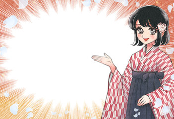 レトロ少女漫画風・矢絣の着物と袴を着た卒業生のアイキャッチ