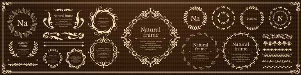 ナチュラルなフレーム、直物モチーフのデザイン素材のセット