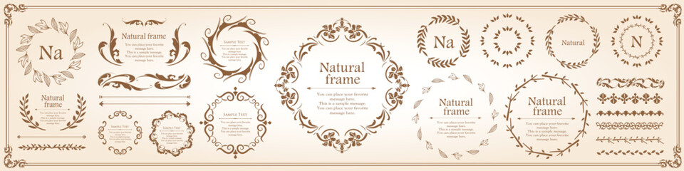 ナチュラルなフレーム、直物モチーフのデザイン素材のセット
