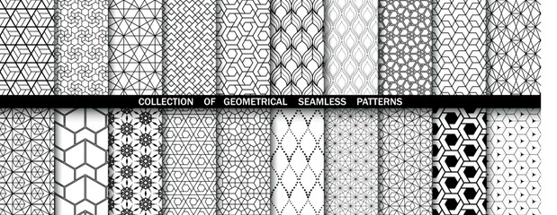 Geometric set of seamless gray and white patterns. Simpless vector graphics.