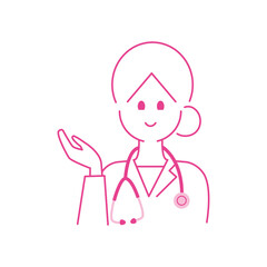 右手の平を上に向ける女医の上半身